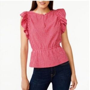 Free Assembly Ruffle Sleeve Gingham Peplum Blouse